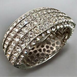 WIDE SILVER RHINESTONE HINGED CUFF BRACELET – 2.5” x 2.7” STATEMENT BANGLE